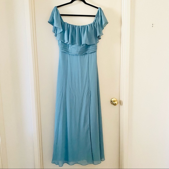 Ever Pretty Dusty Blue Off Shoulder Ruffle Side Split Bridesmaid Dress - Picture 3 of 4